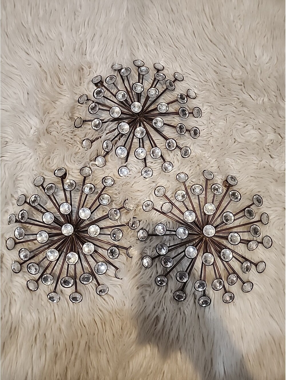 Set Of 3 Mid-Century Atomic Starburst Faceted Rhinestones Metal Wall Art 10” Dia